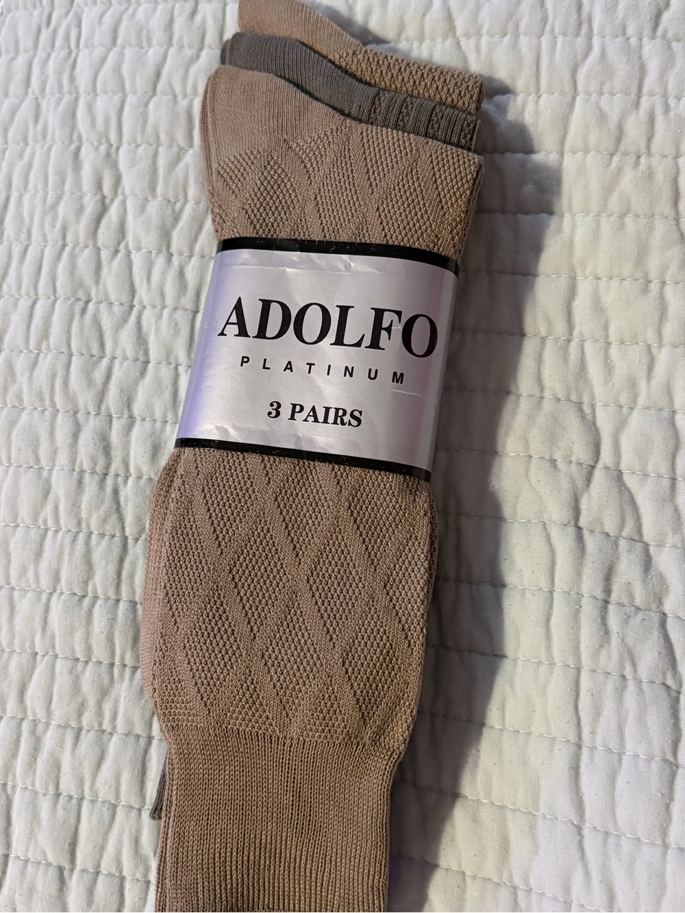 Adolfo Platinum Beige Diamond Knit Dress Socks - 3 Pack